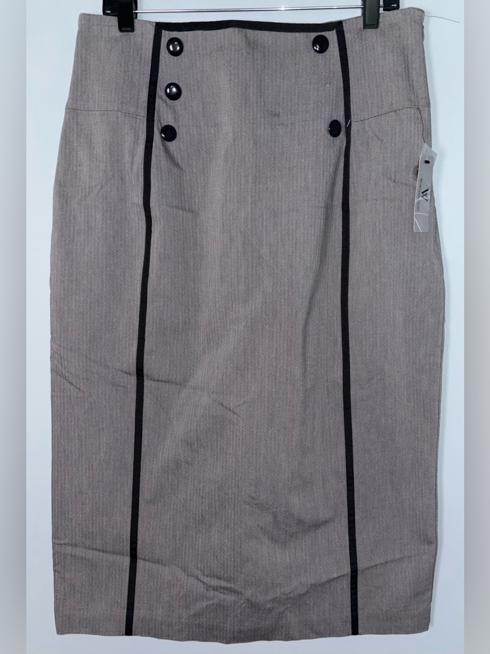 Worthington Women’s 14 Tailored Gray Pencil Skirt with Black Trim Buttons